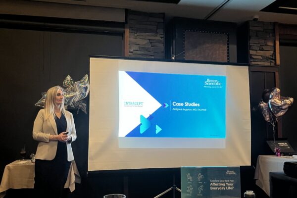 Dr. Antigone Argyriou presenting to female healthcare providers on advanced pain management techniques.