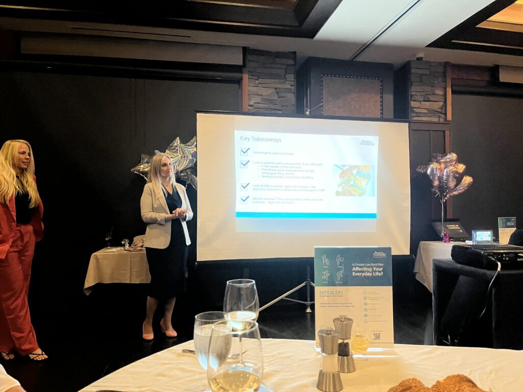 Dr. Antigone Argyriou presenting a Boston Scientific educational lecture on the Intracept Procedure and basivertebral nerve ablation.