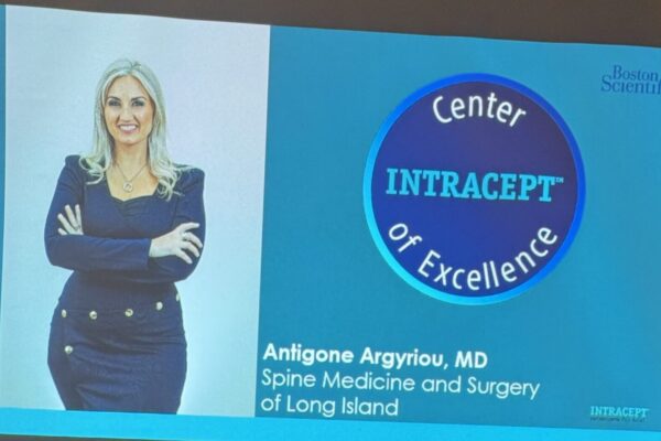 Dr. Antigone Argyriou speaking about basivertebral nerve ablation during a physician education program.